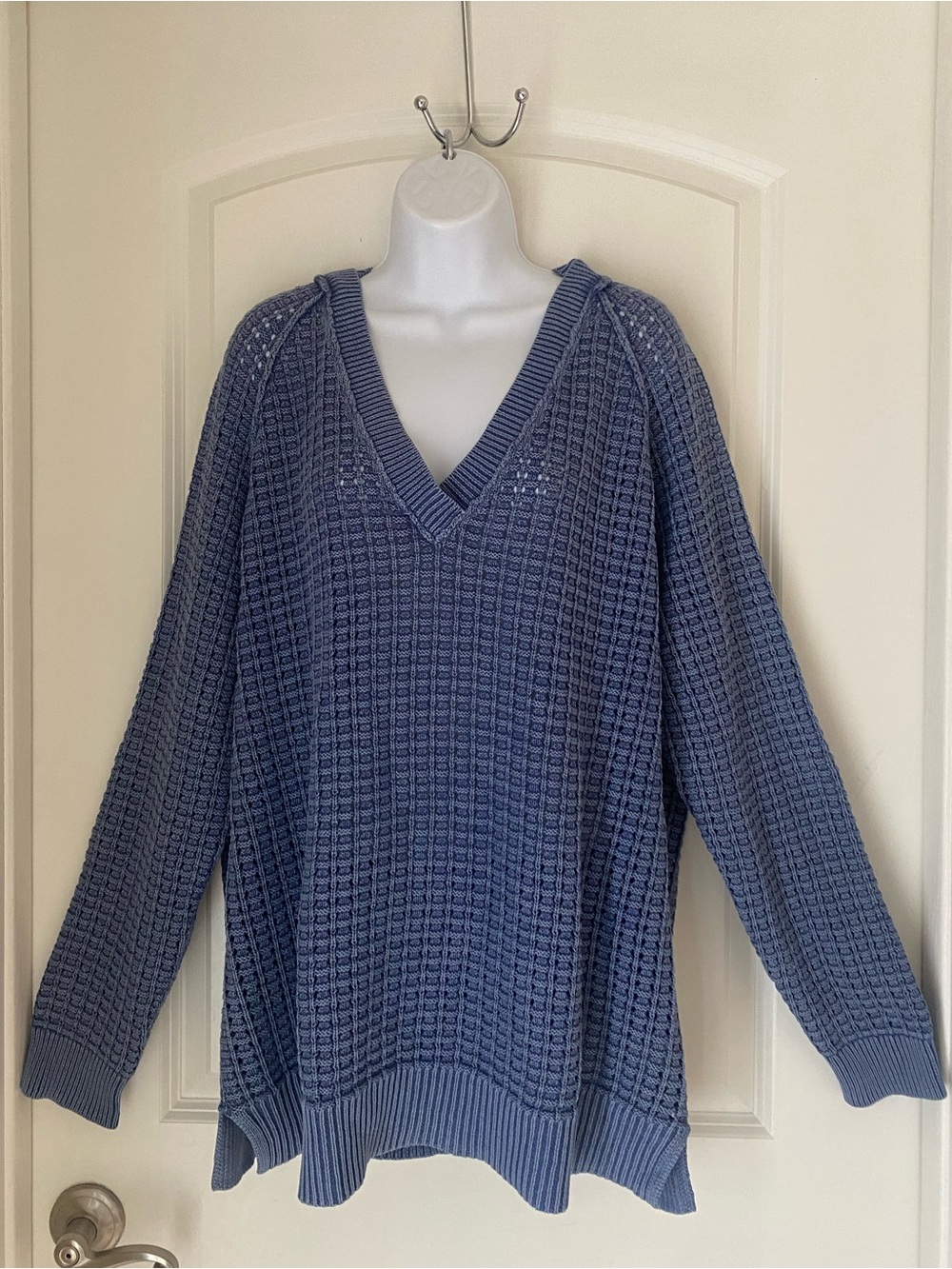 Sundance Catalog Blue Crochet Hooded Sweater XL Coastal Cruise  Loungewear